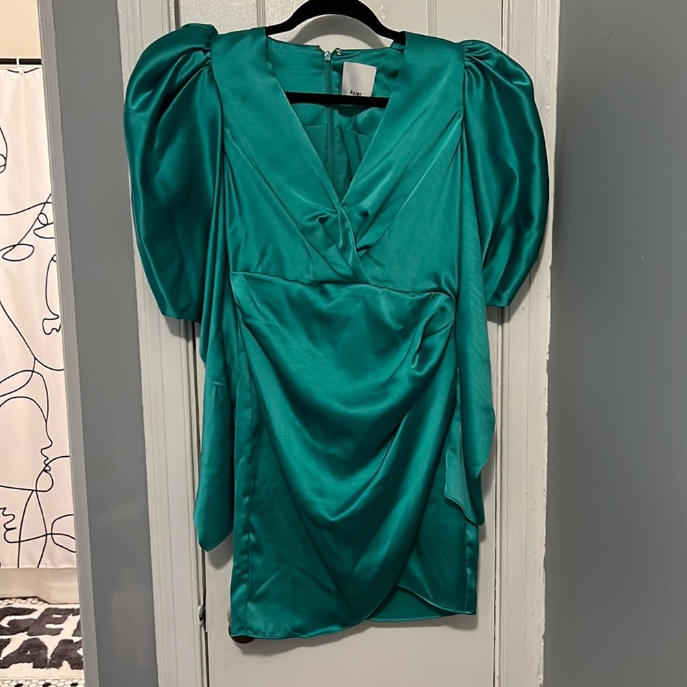 Acler light teal puff shoulder mini dress
